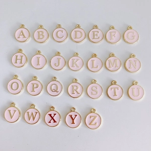 Set of 26 pink enamel round charms with golden letters A-Z for DIY jewelry