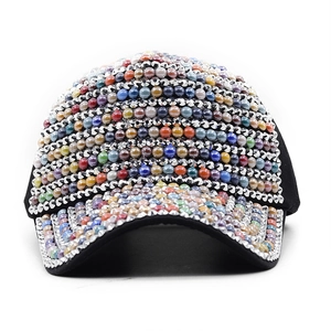 Black baseball cap with colorful pearls and rhinestones decoration for women