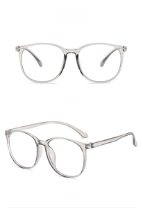 Macro view showing transparent grey frame glasses from front and 45-degree angles