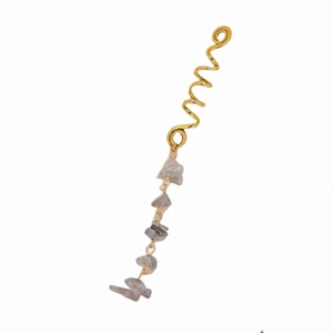 Ethnic gold spiral hair ring with grey natural stone charms on white background