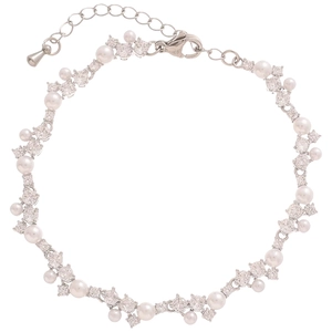 Elegant irregular silver pearl bracelet with sparkling zircon stones and adjustable chain