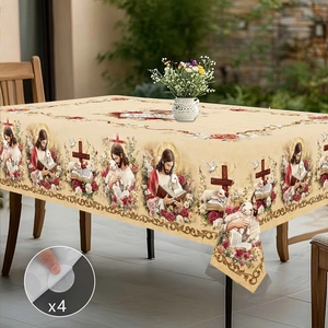 Detail of religious themed tablecloth featuring Jesus pattern and 4 anti-slip velcro pads