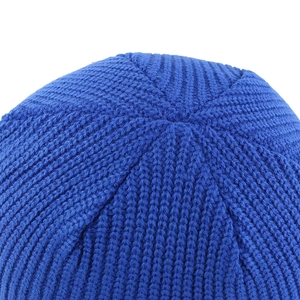 Royal blue knitted beanie cap featuring professional crown stitching and fine texture