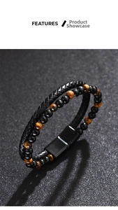 Close-up of men's double-layer bracelet with tiger eye beads and braided leather cord