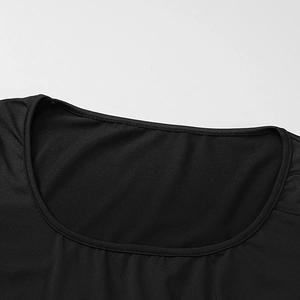 Macro detail of the fine knitted black fabric with high-elasticity double-stitch neckline