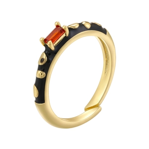 Gold open ring with black enamel leopard print and red rectangle cut gemstone crystal