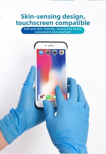 Blue disposable nitrile gloves featuring touchscreen compatibility for smartphone use