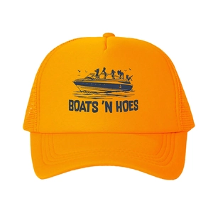 Gorra trucker naranja con estampado azul Boats 'N Hoes y diseño de malla ajustable