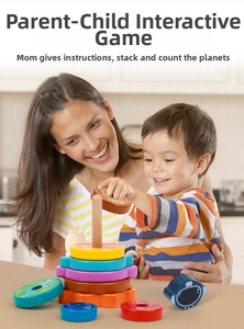 Close-up of wooden space stacking rings with astronaut figure for toddler motor skills