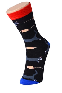 Detailed close-up of cotton blend socks with cat and mouse patterns and blue toe caps