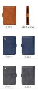 Front and back views of brown, blue and gray RFID passport wallets with aircraft icons