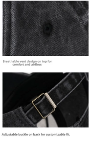 Detail of baseball cap showing breathable eyelets and adjustable metal back buckle