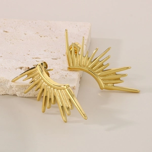 Detail shot of 18k gold plated sunburst earrings showing ray texture on a stone base