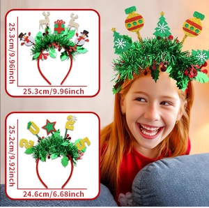 Detailed view of 2025 New Year headband with dimensions and model wearing demo