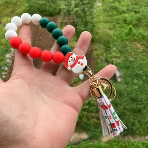 Christmas snowman silicone bead keychain bracelet with festive tassels and gold clasp