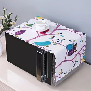Linen microwave dust cover with colorful bird pattern and elegant wavy scalloped edges