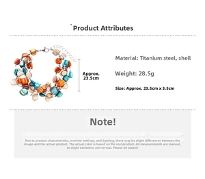Detail view of multi-layer titanium steel bracelet with orange and teal shell beads