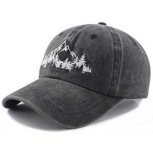 Vintage dark grey washed cotton baseball cap with white mountain and forest embroidery
