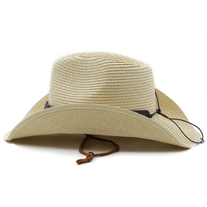 Close-up of wide brim straw cowboy hat with adjustable chin strap and dark band detail