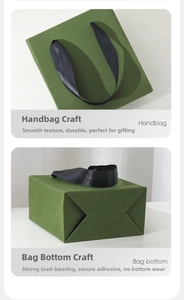 Detail of dark green paper handbag showing reinforced handle and sturdy base construction