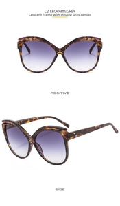Dettagli occhiali da sole cat-eye leopardati con lenti sfumate viola e piccoli perni in metallo