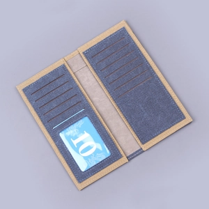 Blue denim canvas long wallet for men with 12 card slots and transparent ID window