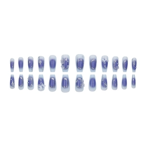 Blue gradient press-on nails with 3D butterfly, rose accents and pearls 24pcs set