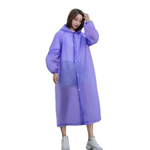 Long purple hooded EVA raincoat with snap buttons and elastic cuffs on white background