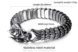 Macro detail of dragon scale bracelet with size specs in high quality stainless steel