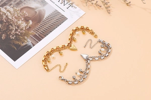 Bracelets double rang en acier inoxydable avec cœurs et perles blanches en or et argent
