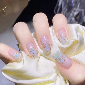 Press On Nails Flower Pattern Ice Transparent Glitter Coffin Shape Square Artificial False Nails Removable Sweet Fresh Style