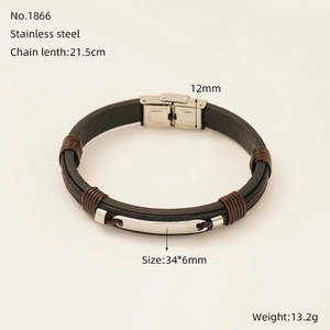 Vue détaillée du bracelet homme en cuir noir avec plaque inox et dimensions précises