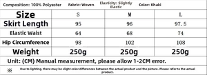 Size chart showing S, M, L dimensions for the khaki V-neck vest and skirt set