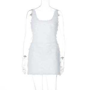 Close-up of soft white faux fur texture on backless bodycon party mini dress