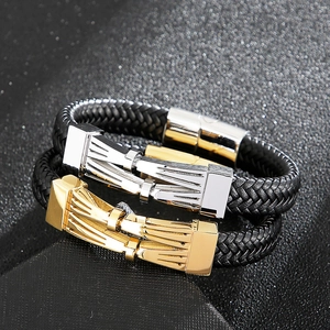 Bracelet en cuir tressé avec fermoir magnétique en acier inoxydable doré et argenté noir