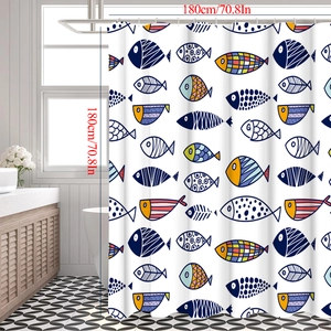 Detailed view of sea fish pattern shower curtain sized 180cm square in a modern bathroom