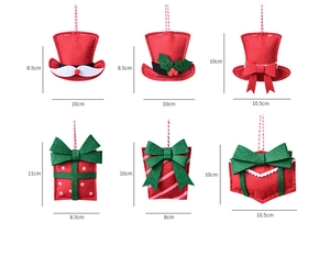 Detailed view of six red and green felt Christmas hat and gift box hanging ornaments