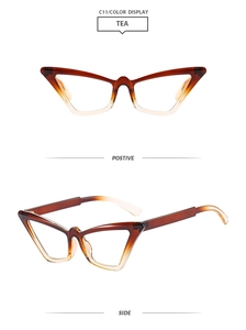 Detailed front and side views of tea-colored cat eye sunglasses with resin frames