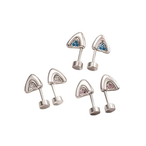 Three pairs of kitten ear stud earrings with blue white and pink crystals in titanium steel
