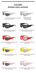 Matrix display of Y2K futuristic cat-eye sports sunglasses in ten vibrant colors