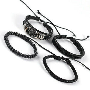 Set of 4 men's black braided leather bracelets with wooden beads and sun metal pendant