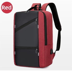 Red business laptop backpack with USB port, durable fabric and breathable mesh straps
