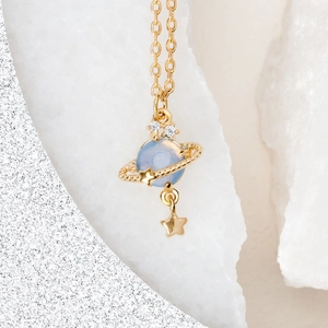 Planet Saturn Pendant Necklace Copper Zircon Synthetic Stone Star Charm Aesthetic Celestial Jewelry For Women Daily Gift