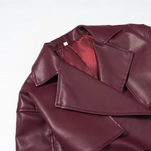 Chic burgundy faux leather jacket with wide lapel collar and smooth texture finish