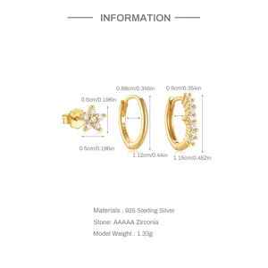 Macro view of S925 sterling silver gold earring set with star studs and zircon details