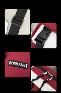 Detail of red messenger bag showing adjustable strap, plastic buckle, and brand tag