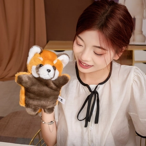 Cute realistic raccoon hand puppet plush toy with soft fluffy fur and orange tones