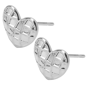 Detailed macro view of 304 stainless steel heart earrings with textured silver finish