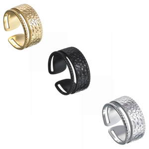 Hammered titanium steel adjustable open rings in gold, silver, and black finish