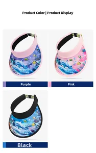 Detail of children's sun visors in purple, pink, and black with marine ocean theme prints
